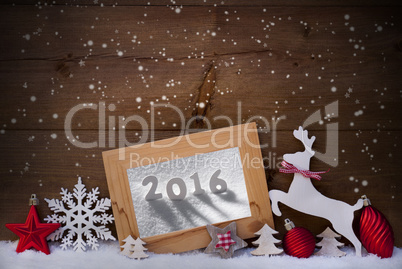 Red Christmas Card On Snow, 2016, Reindeer And Ball, Snowflakes