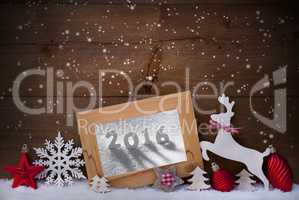 Red Christmas Card On Snow, 2016, Reindeer And Ball, Snowflakes