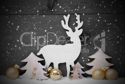 Gray, Golden Christmas Decoration, Tree And Reindeer, Snowflakes