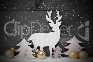 Gray, Golden Christmas Decoration, Tree And Reindeer, Snowflakes