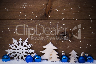 Blue Christmas Card With Decoration, Snow, Copy Space, Snowflake