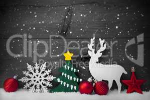 Gray Christmas Decoration, Reindeer, Snowflake, Green Tree, Ball