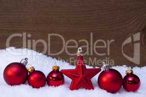 Wooden Christmas Background On Snow, Red Balls And One Star