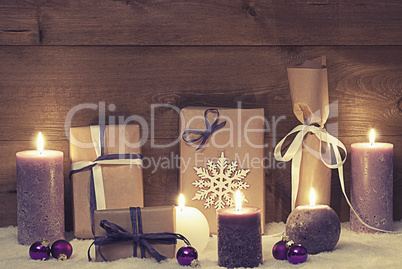 Vintage And Shabby Chic Purple Christmas Gifts With Candles