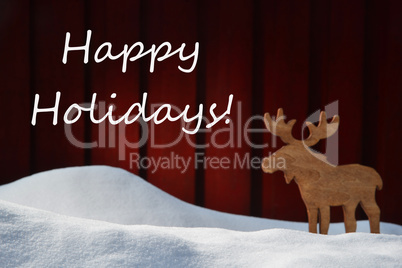 Christmas Card With Happy Holidays, Snow And Moose