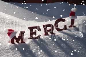 Christmas Card With Snow, Merci Mean Thank You, Snowflakes, Hat