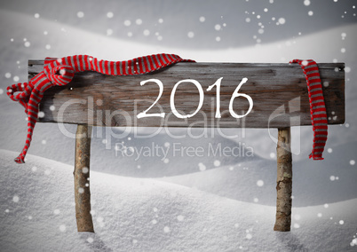 Brown Christmas Sign 2016 Snow, Red Ribbon, Snowflakes