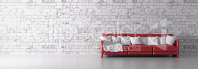 Red sofa over the brick wall 3d render