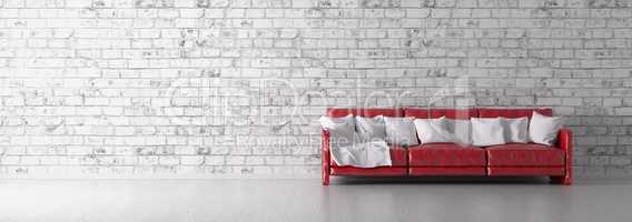 Red sofa over the brick wall 3d render