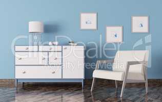 Interior of a room with chest of drawers and armchair 3d render
