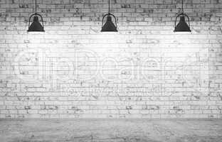 Brick wall, concrete floor and lamps  background 3d render