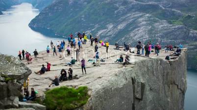 NORWAY- June 22, 2015: Preikestolen or Prekestolen, also known by the English translations of Preacher's Pulpit or Pulpit Rock, is a famous tourist attraction in Forsand, Ryfylke, Norway