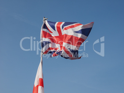 Flag of UK over blue sky