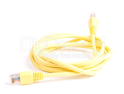 Yellow Network Cable with molded RJ45 plug isolated against white background
