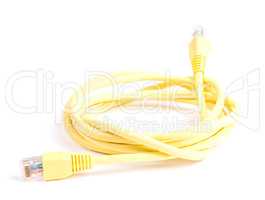 Yellow Network Cable with molded RJ45 plug isolated against white background