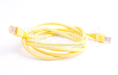 Yellow Network Cable with molded RJ45 plug isolated against white background