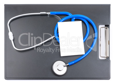 Stethoscope and blank paper are on clipboard