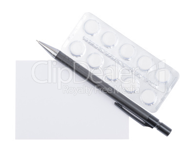 Ballpoint pen with blank sheet for notes and capsules in blister packs