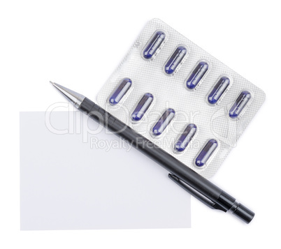 Ballpoint pen with blank sheet for notes and capsules in blister packs