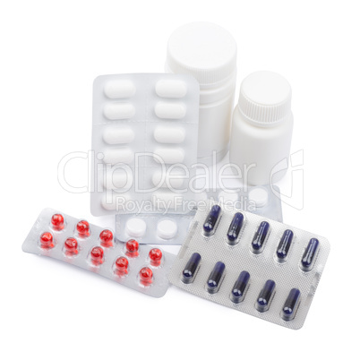 Bottles of medicines and pills in a blister pack