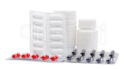 Bottles of medicines and pills in a blister pack