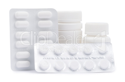 Bottles of medicines and pills in a blister pack