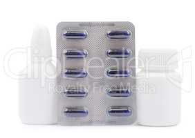 Bottles of medicines and pills in a blister pack