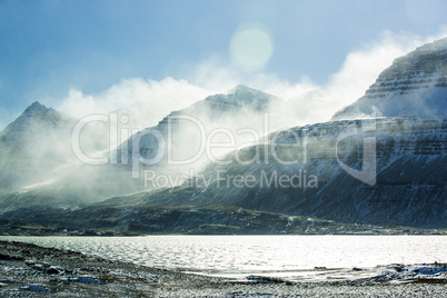 Snowy mountain landscape, East Iceland