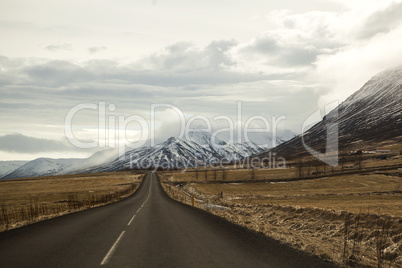 Road in volcanic mountain landscape in Iceland