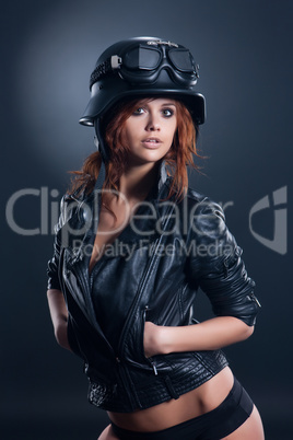 Yong Woman In Leathe Jacket And Helmet