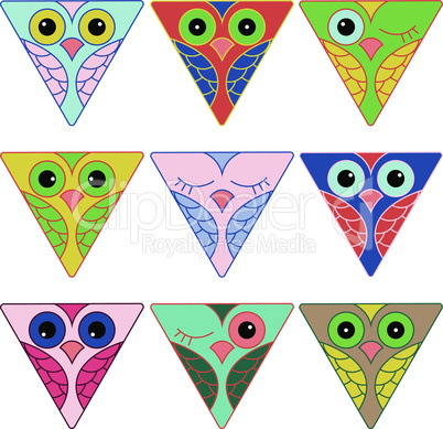 Nine funny owl faces in triangular forms