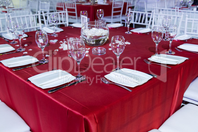 Festively decorated table .