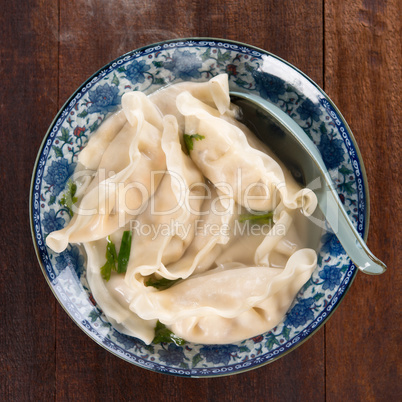 Top view dumplings soup