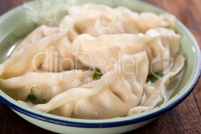 Close up fresh dumplings soup