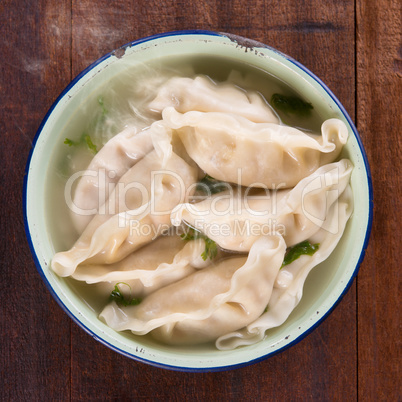 Top view Asian food dumplings soup