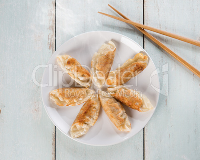 Top view Asian cuisine pan fried dumplings