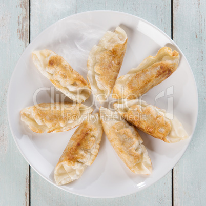 Top view Asian dish pan fried dumplings