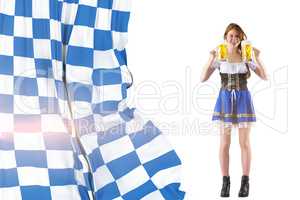 Composite image of oktoberfest girl holding jugs of beer