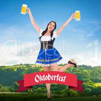 Composite image of pretty oktoberfest girl holding beer tankards