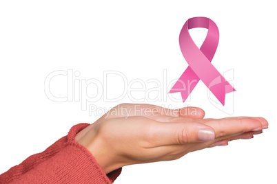 Composite image of woman holding out her hands