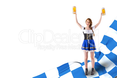 Composite image of oktoberfest girl holding jugs of beer