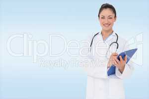 Composite image of happy doctor writing on clipboard