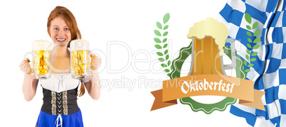 Composite image of oktoberfest girl holding jugs of beer