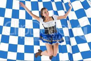 Composite image of pretty oktoberfest girl smiling and jumping