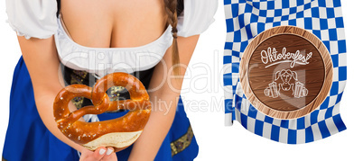 Composite image of oktoberfest girl bending and showing pretzel