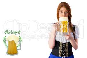 Composite image of oktoberfest girl drinking jug of beer