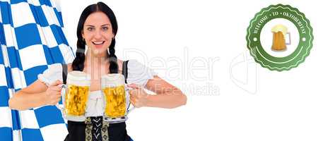 Composite image of pretty oktoberfest girl holding beer tankards
