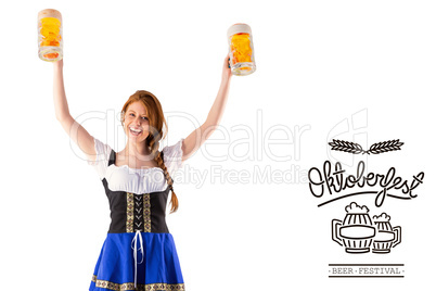 Composite image of oktoberfest girl holding jugs of beer