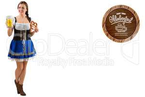 Composite image of oktoberfest girl holding beer and pretzel