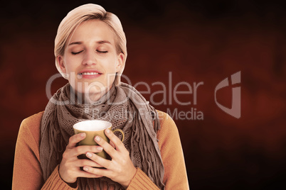 Composite image of close up of woman drinking from a cup